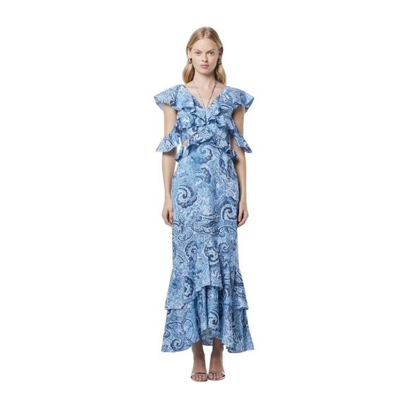 NWT ELLIATT Snow Printed Linen Maxi Gown In Blue - Picture 2 of 7